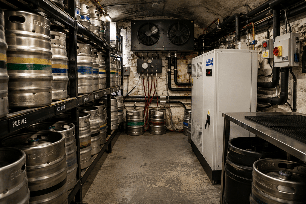 Cellar cooling and refrigeration equipment in a pub
